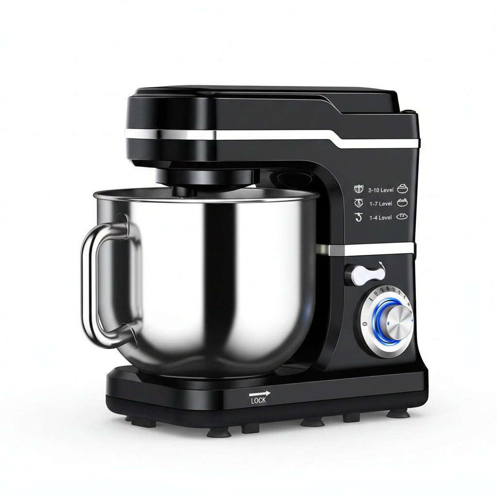 Black stand mixer with stainless steel bowl 