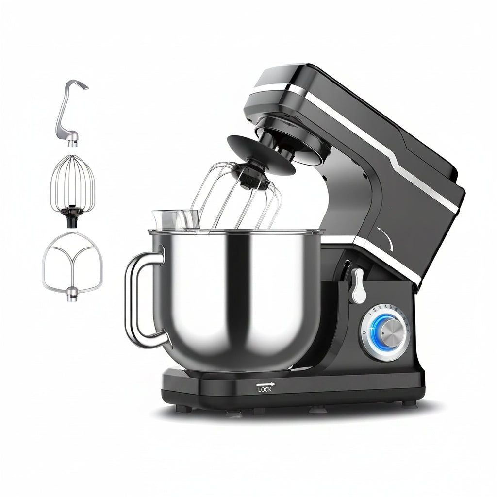 Stand mixer with attachments and baking items on a white background