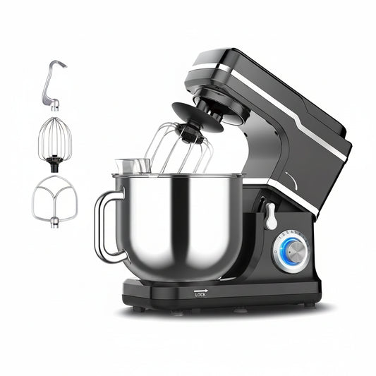 Stand mixer with attachments and baking items on a white background