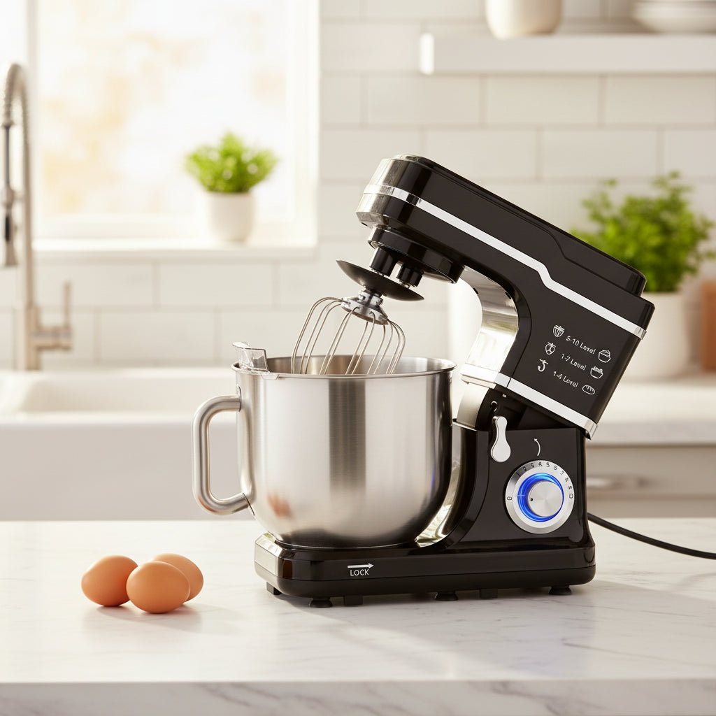 Black stand mixer with silver bowl and attachments in a modern kitchen background