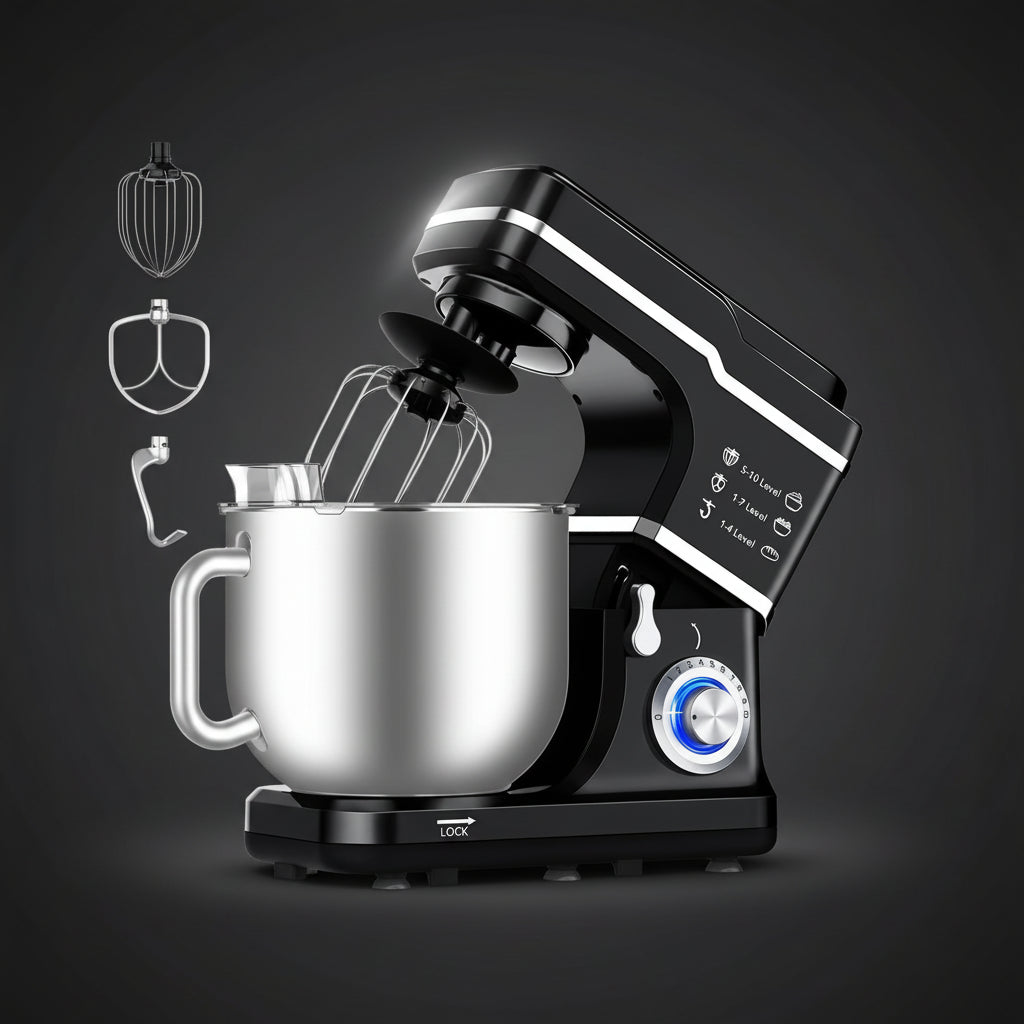 Black stand mixer with silver bowl and attachments on a black background
